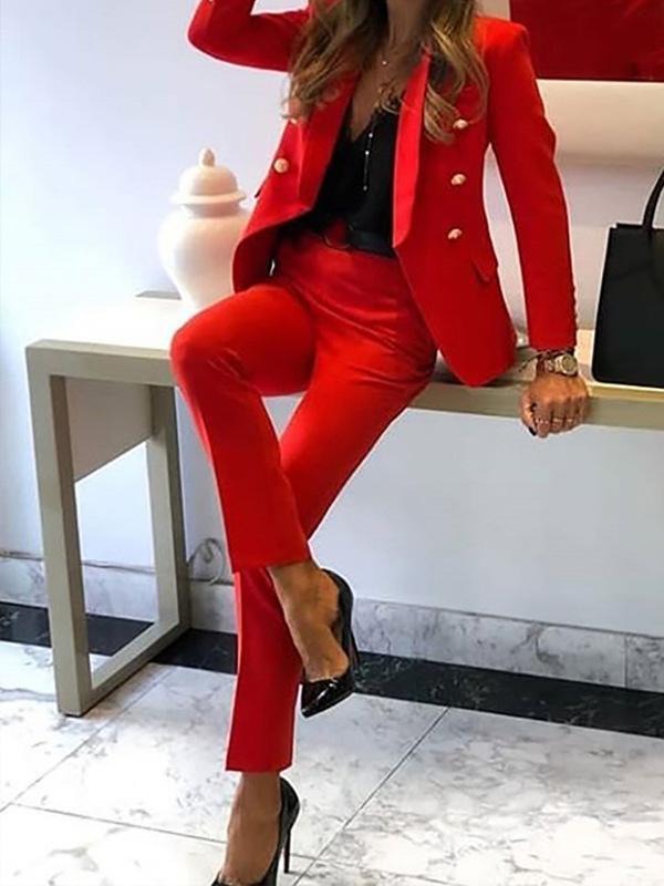 two-piece combination of double-breasted blazer and elegant trousers for women