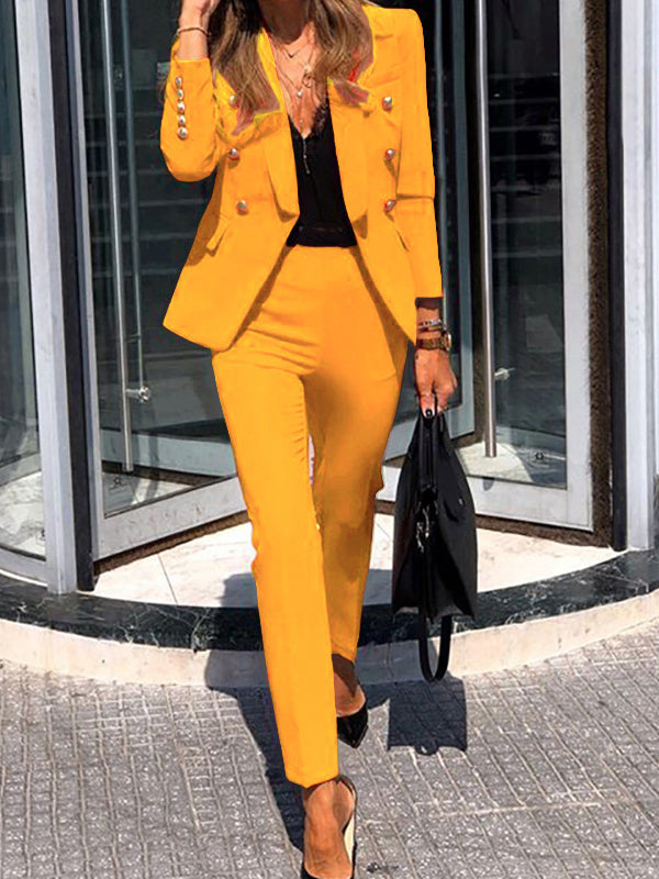 two-piece combination of double-breasted blazer and elegant trousers for women