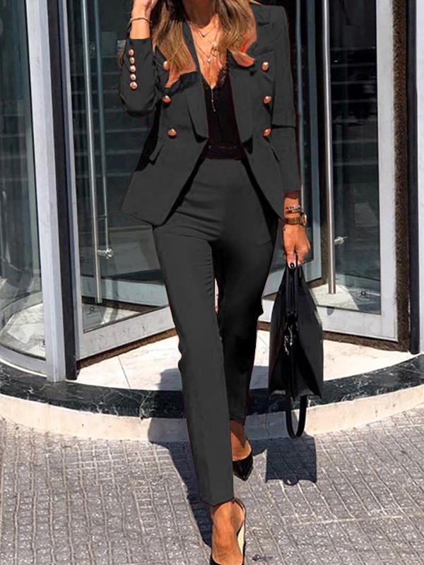 two-piece combination of double-breasted blazer and elegant trousers for women
