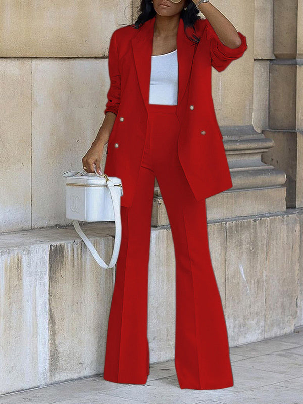 Women's Two-Piece Suit Set, Office Blazer, Double-Breasted, Notched Collar, Long Sleeve, Elegant