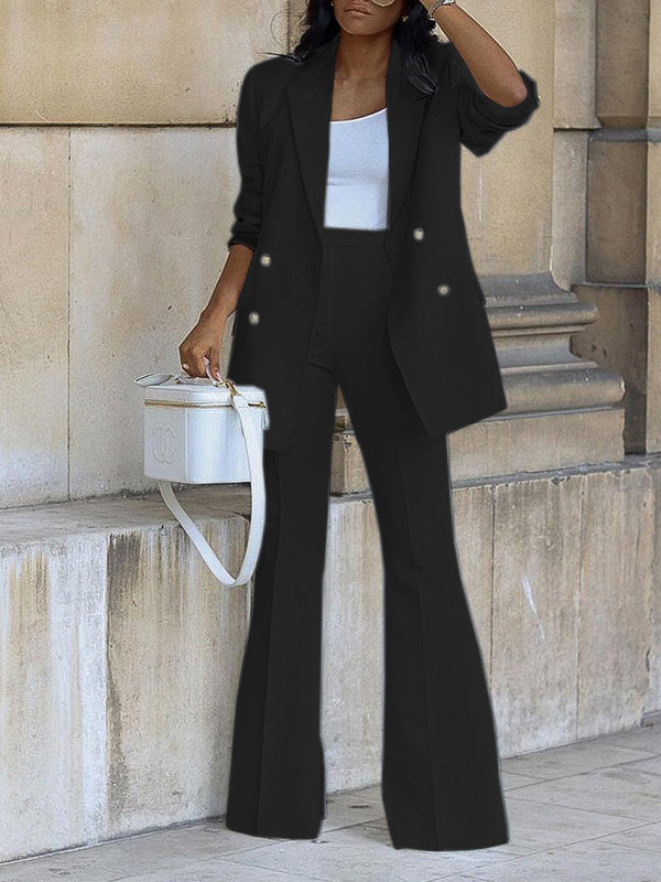 Women's Two-Piece Suit Set, Office Blazer, Double-Breasted, Notched Collar, Long Sleeve, Elegant