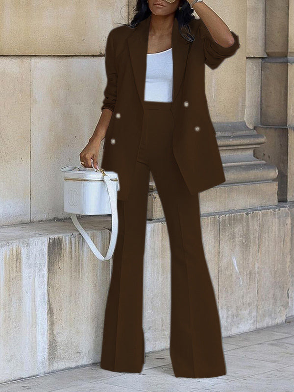 Women's Two-Piece Suit Set, Office Blazer, Double-Breasted, Notched Collar, Long Sleeve, Elegant