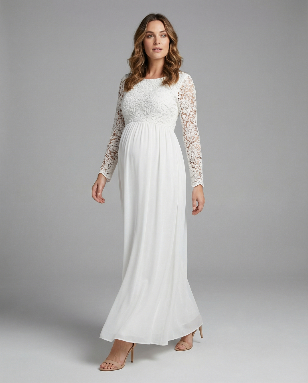 Maternity dress, cutouts, lace, chiffon, round neckline, long sleeves, for women, elegant, for the evening, prom, pregnant