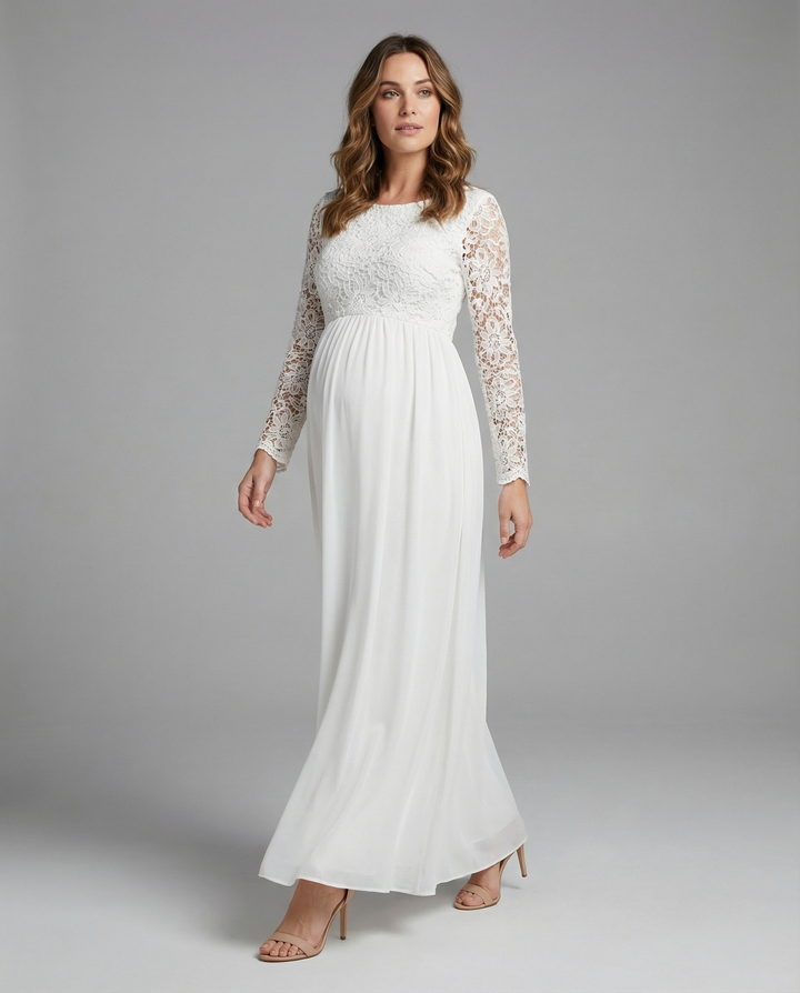 Maternity dress, cutouts, lace, chiffon, round neckline, long sleeves, for women, elegant, for the evening, prom, pregnant
