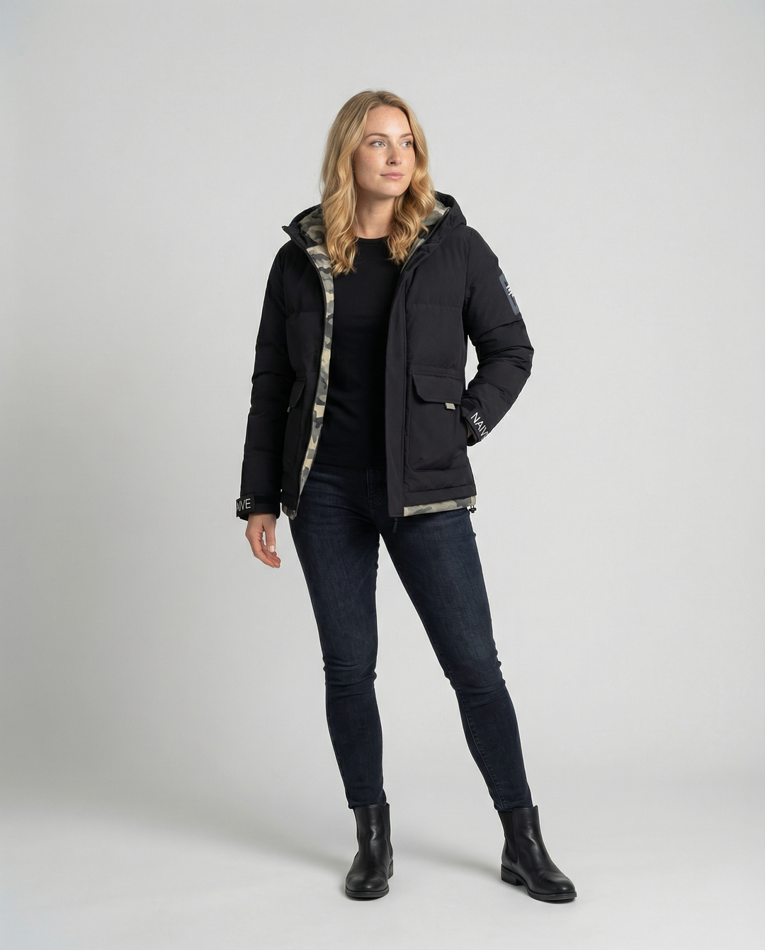 Warm women's winter jacket hood