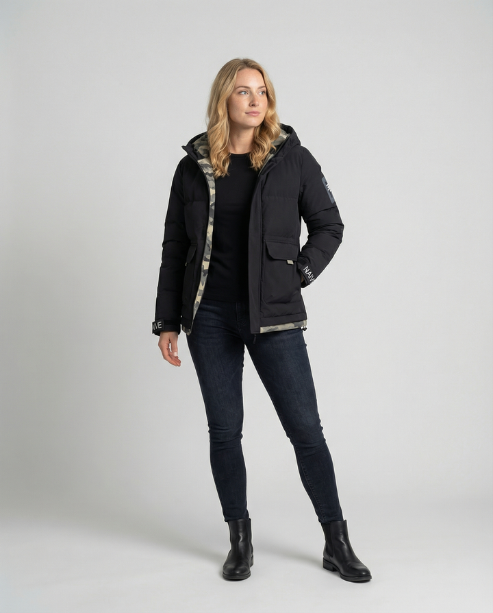 Warm women's winter jacket hood