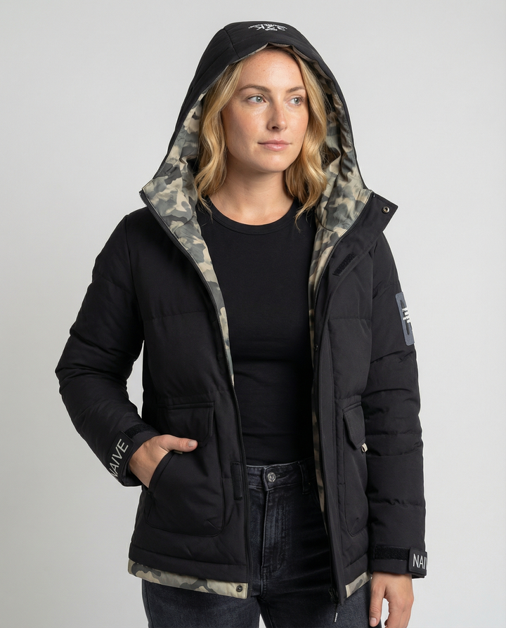 Warm women's winter jacket hood