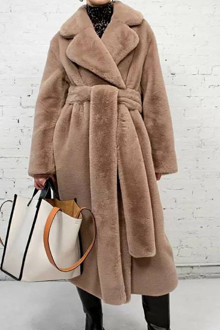 Mune | Women's Long Imitation Fur Jacket with Open Front and Belt
