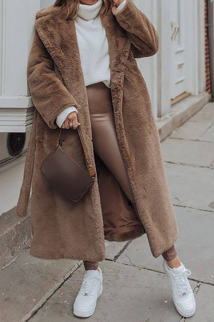 Mune | Women's Long Imitation Fur Jacket with Open Front and Belt
