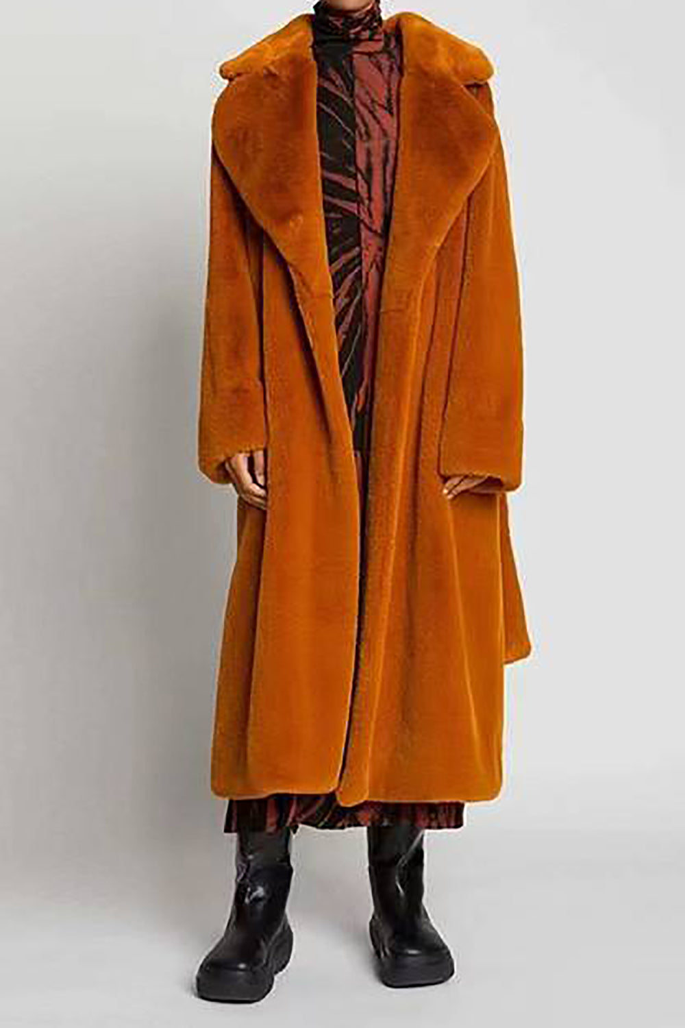 Mune | Women's Long Imitation Fur Jacket with Open Front and Belt