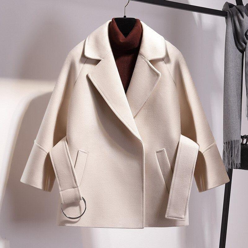Mune | Women's Short Wool Winter Jacket with Wide Belt and Notched Collar