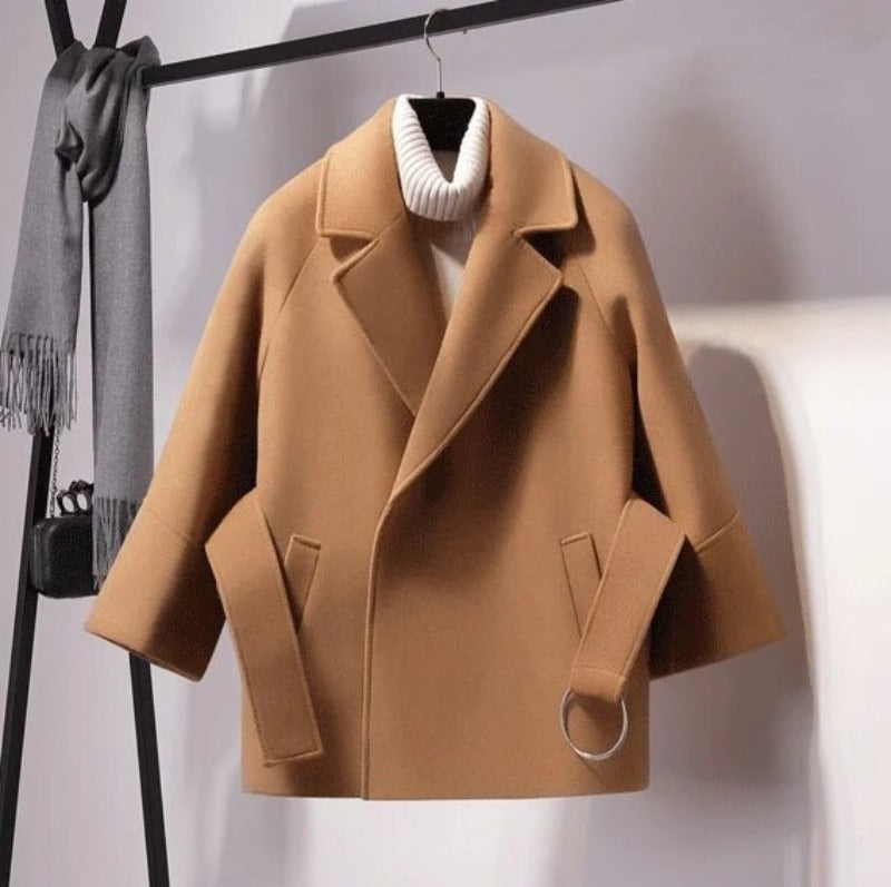 Mune | Women's Short Wool Winter Jacket with Wide Belt and Notched Collar