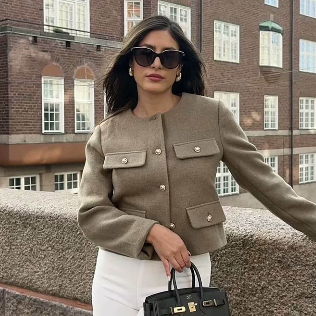 Mune | Women's Elegant Bomber Jacket with Button Closure and Chest Pockets