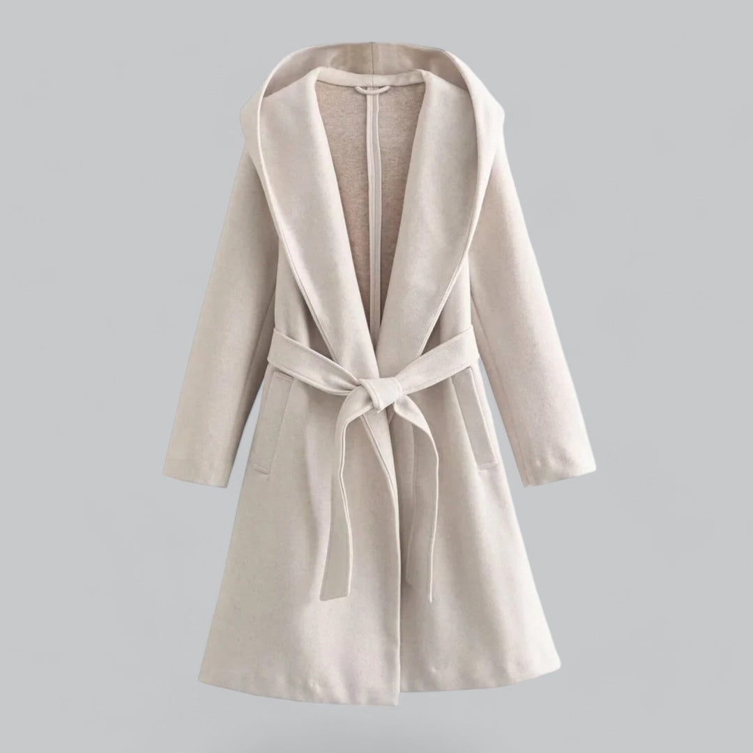 Mune | Women's Wool Winter Coat with Hood and Belt in Knee-Length Style