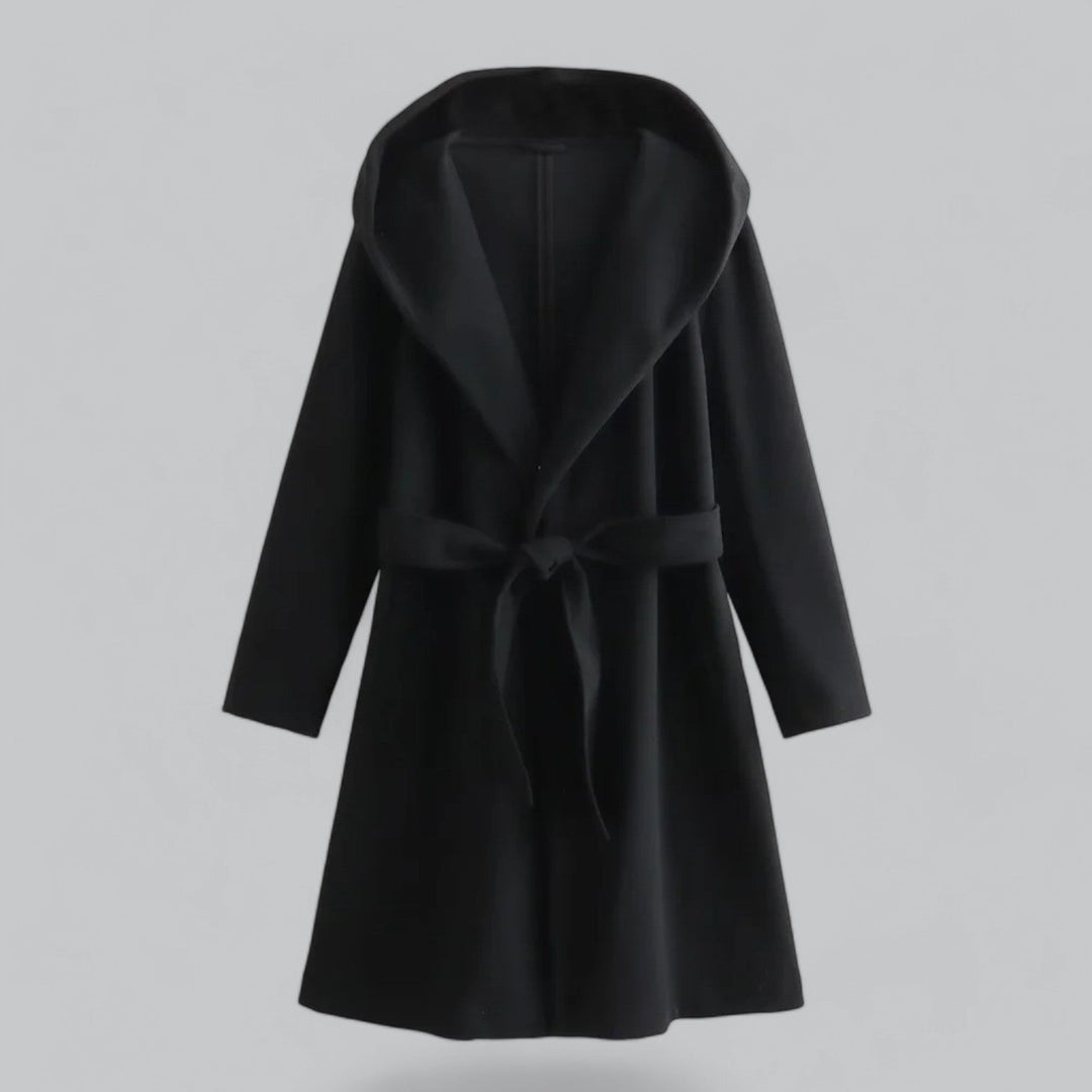 Mune | Women's Wool Winter Coat with Hood and Belt in Knee-Length Style