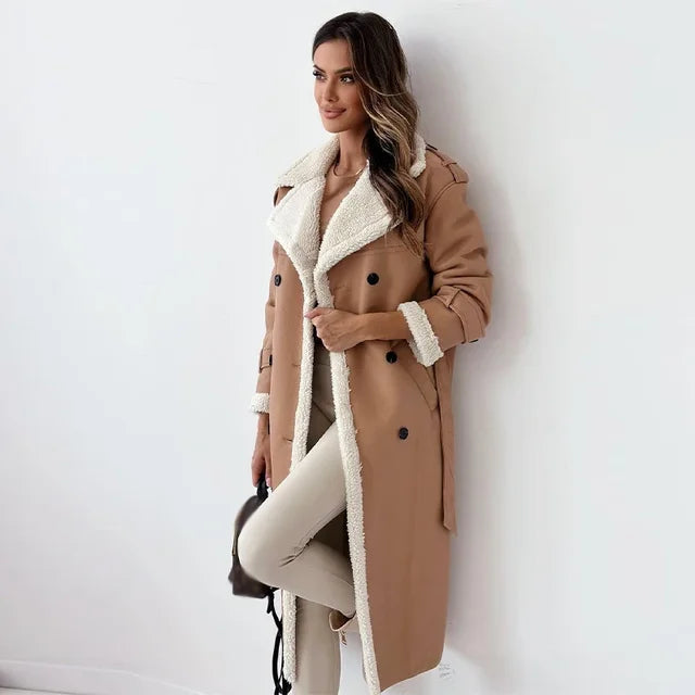 Mune | Women Long Teddy Trench Coat with Lapel Collar and Belt