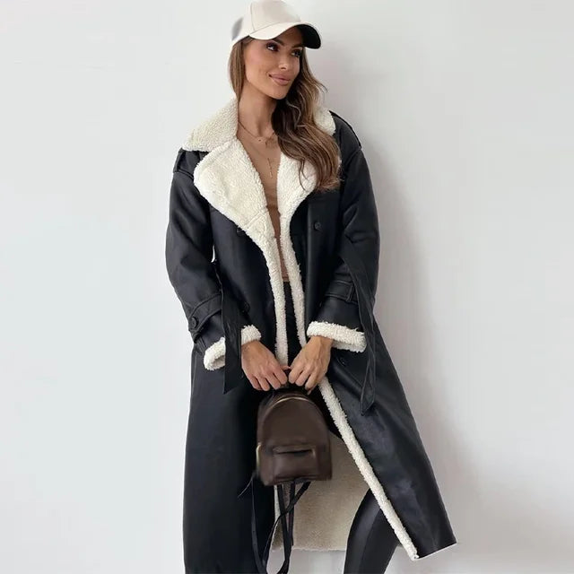 Mune | Women Long Teddy Trench Coat with Lapel Collar and Belt
