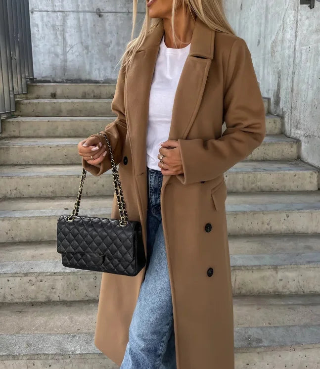Mune | Women's Long Wool Winter Coat with Reversed Collar and Buttonless Zipper