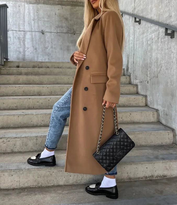 Mune | Women's Long Wool Winter Coat with Reversed Collar and Buttonless Zipper