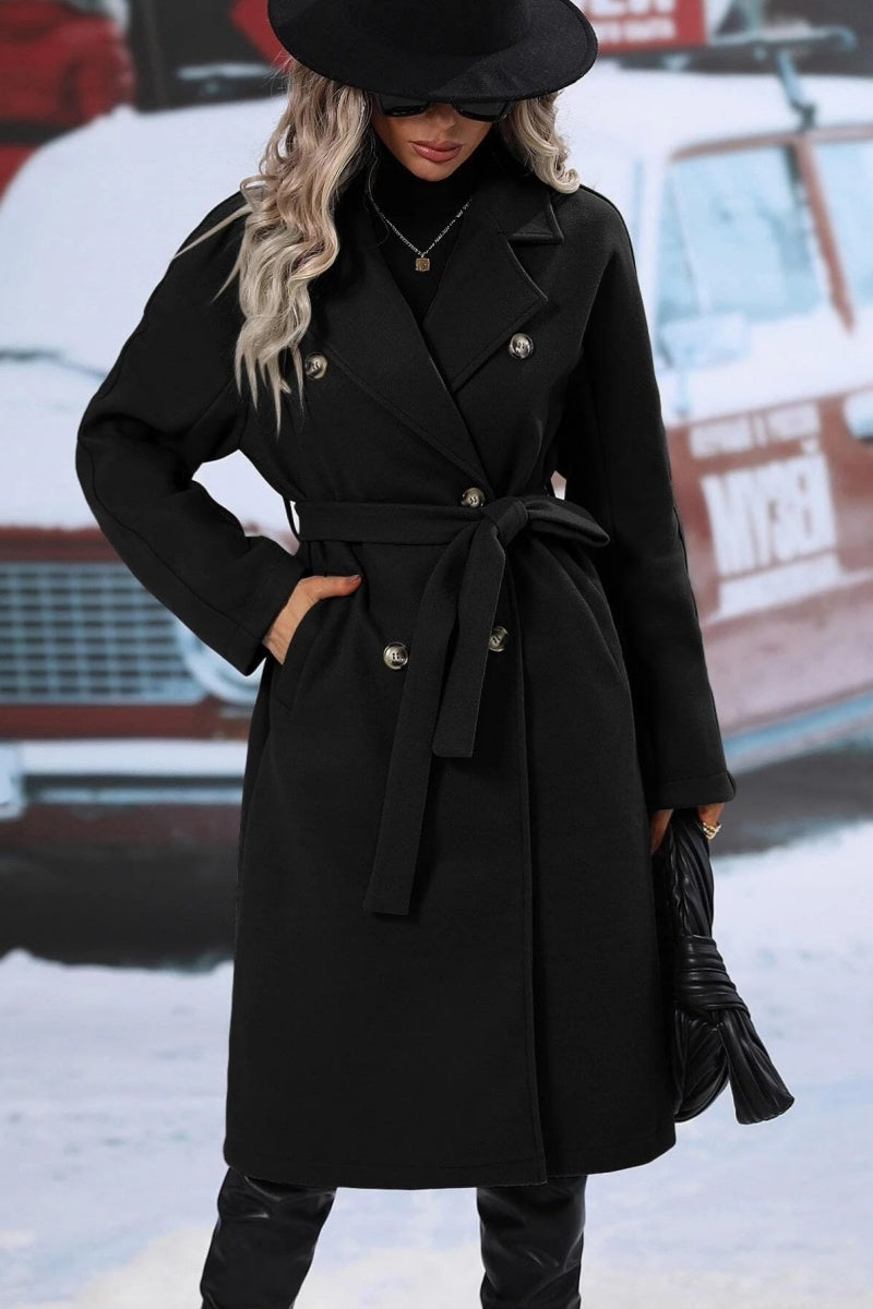 Mune | Women's Long Wool Trench Coat with Double Button Placket and Notched Lapel