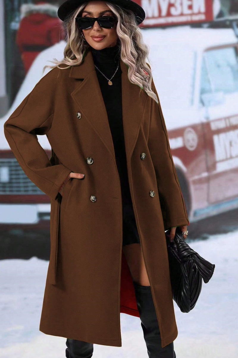 Mune | Women's Long Wool Trench Coat with Double Button Placket and Notched Lapel