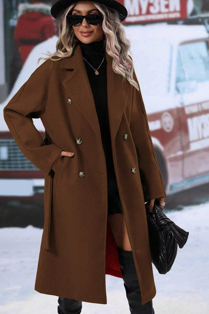 Mune | Women's Long Wool Trench Coat with Double Button Placket and Notched Lapel