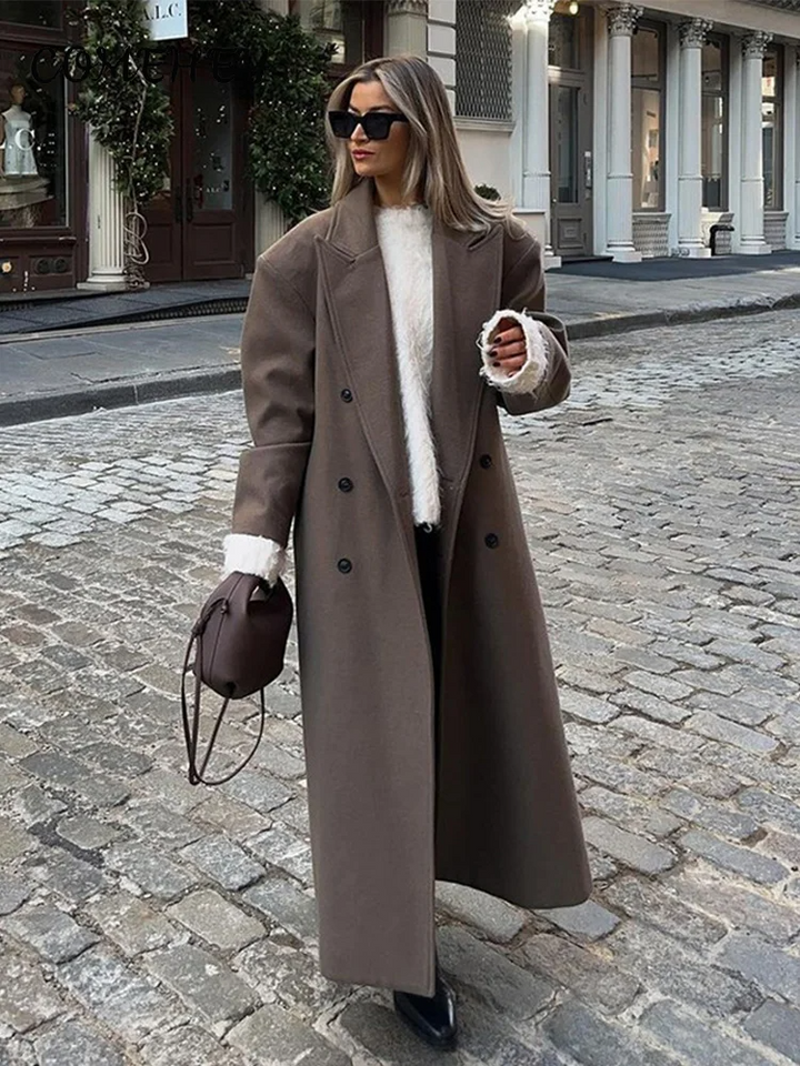 Mune | Women's Long Wool Coat with Double-Breasted Buttons and Loose Fit