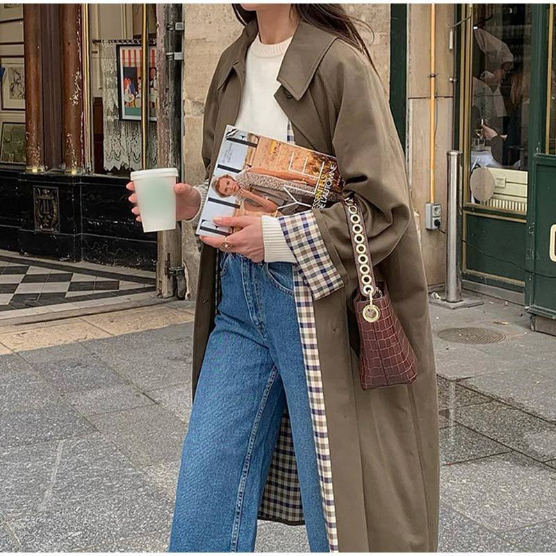 Mune | Women's Long Trench Coat with Elegant Cut and Checked Lining