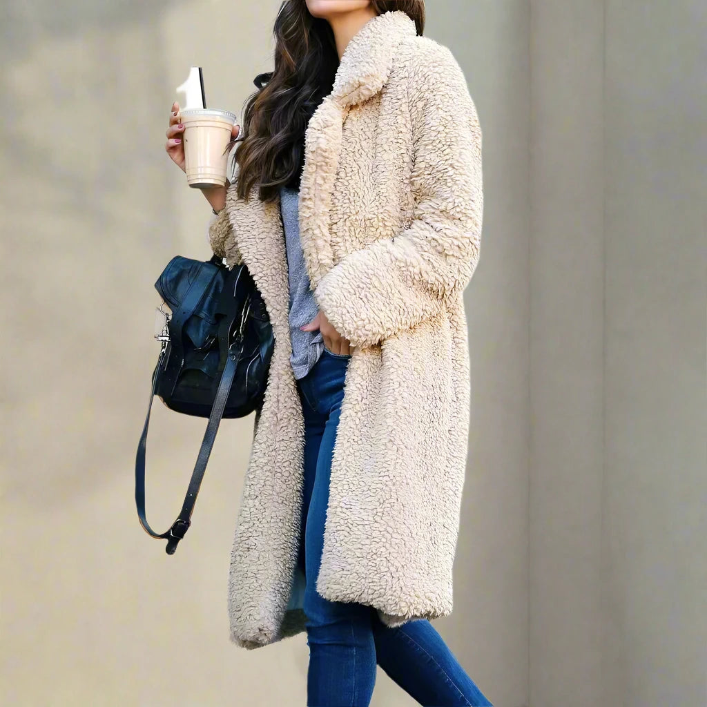 Mune | Women's Long Teddy Jacket Made of Faux Fur with Lapel Collar