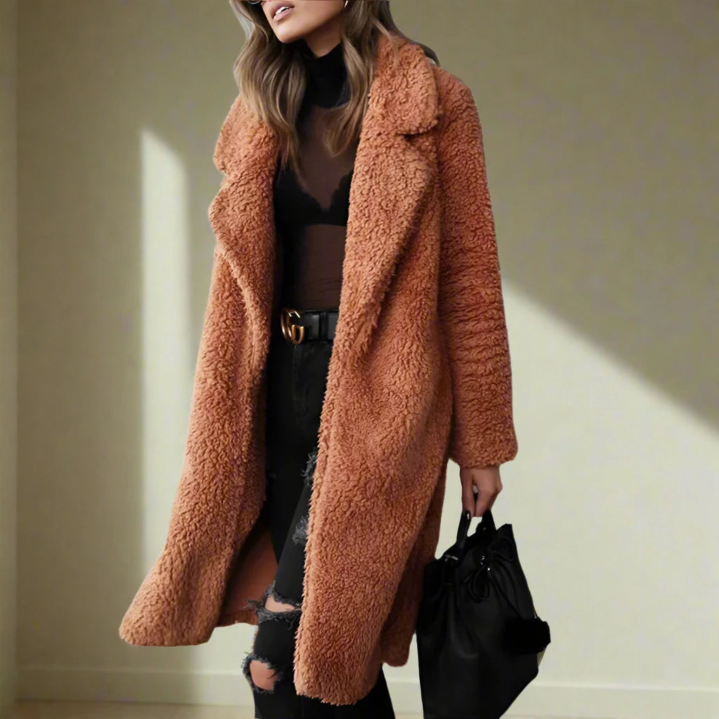 Mune | Women's Long Teddy Jacket Made of Faux Fur with Lapel Collar