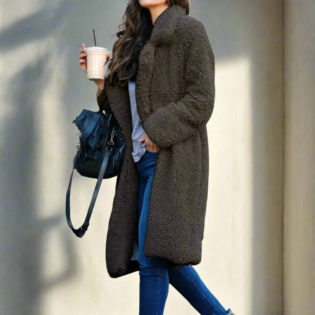 Mune | Women's Long Teddy Jacket Made of Faux Fur with Lapel Collar