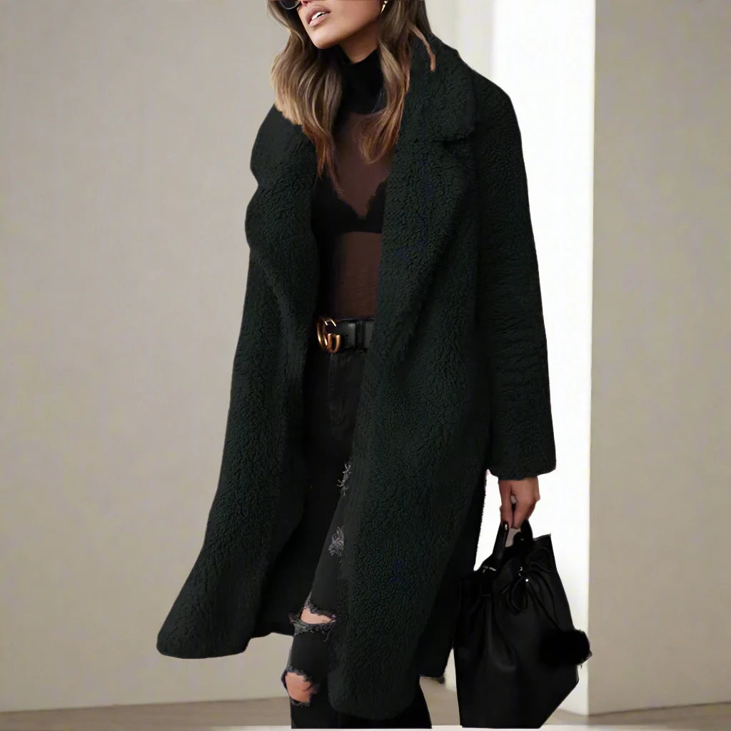 Mune | Women's Long Teddy Jacket Made of Faux Fur with Lapel Collar