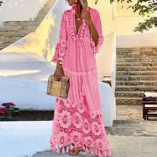 Mune | Bohemian Long Dress With Lace And Fringes