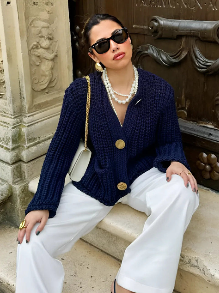 Mune | Women's knit cardigan with gold buttons and front pockets in a light design