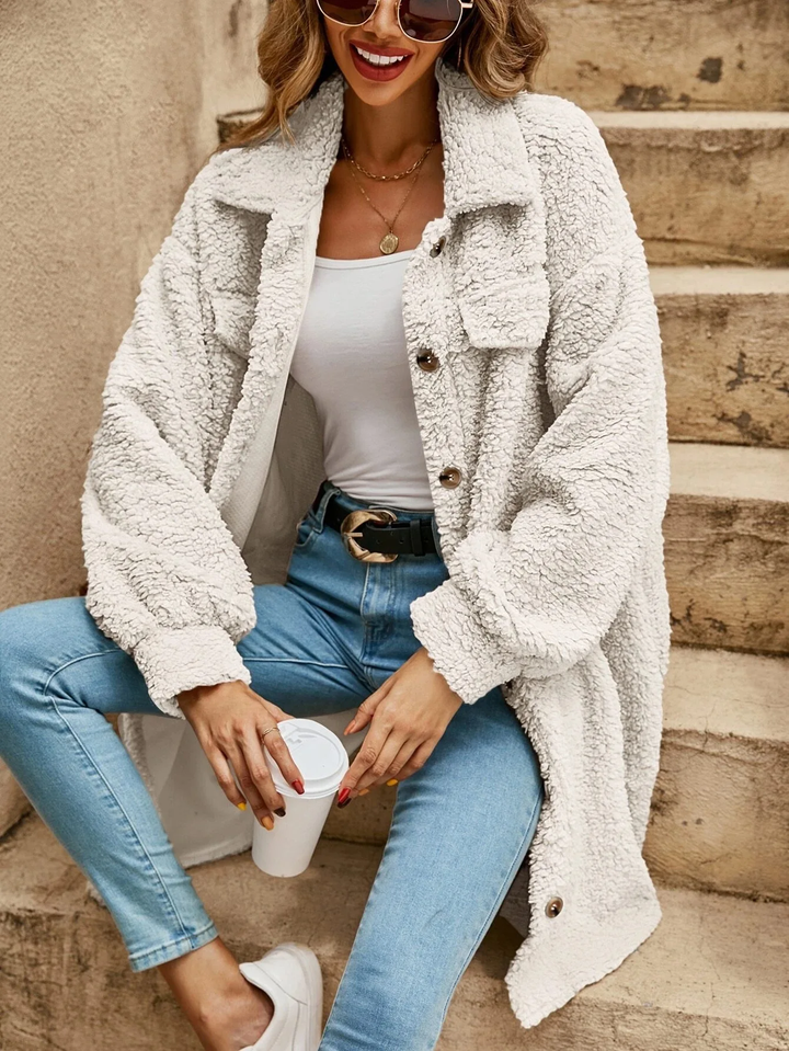 Mune | Women's Long Teddy Cardigan with Button Closure and Long Sleeves
