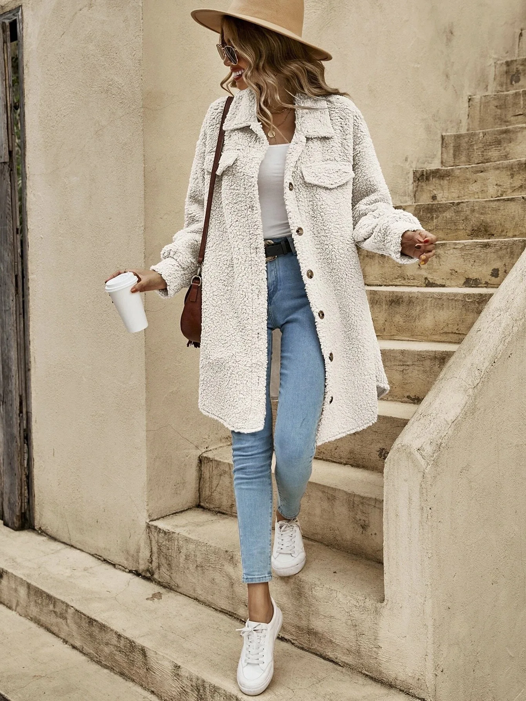 Mune | Women's Long Teddy Cardigan with Button Closure and Long Sleeves