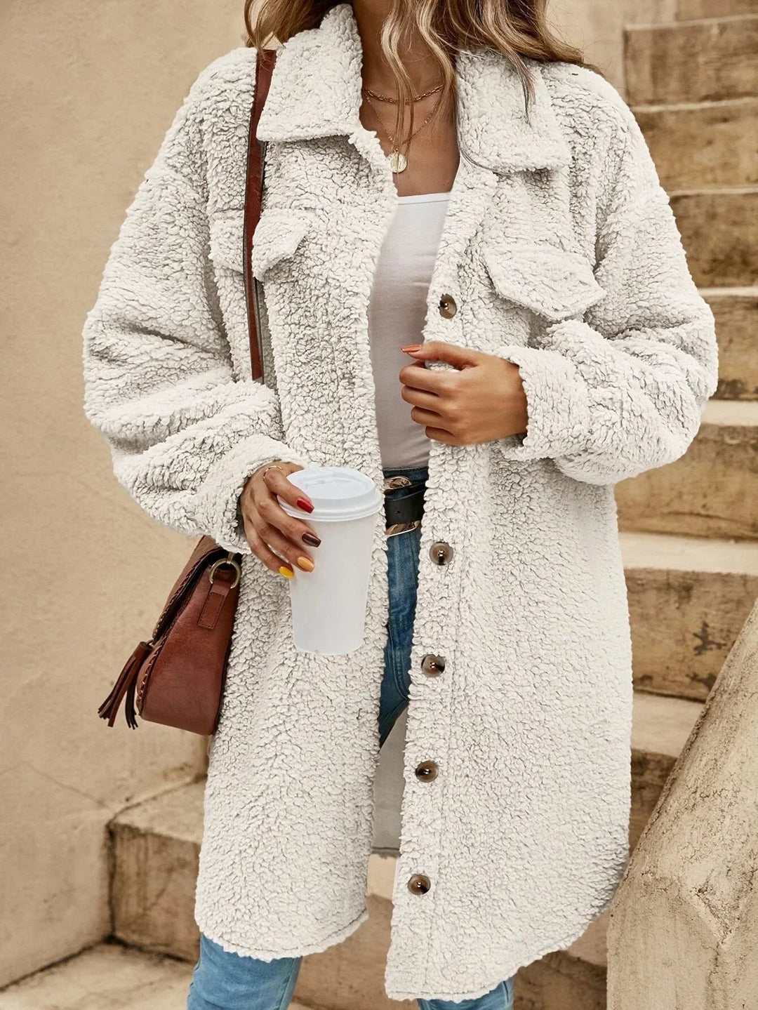 Mune | Women's Long Teddy Cardigan with Button Closure and Long Sleeves