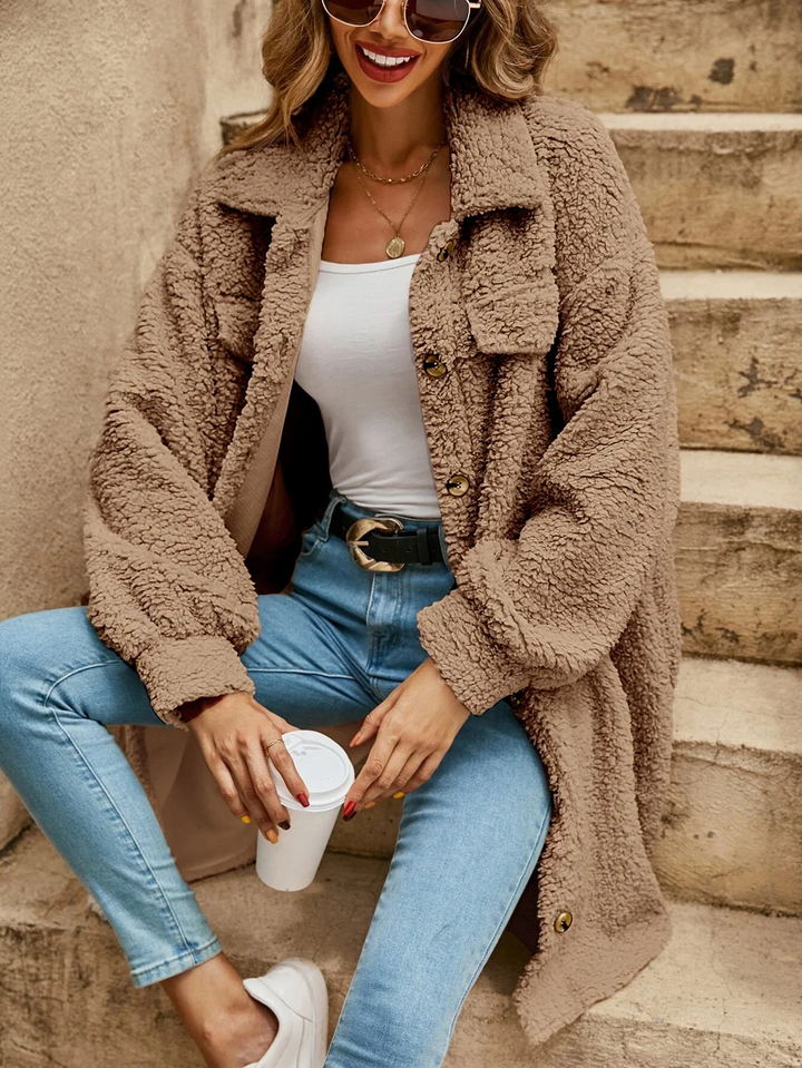 Mune | Women's Long Teddy Cardigan with Button Closure and Long Sleeves