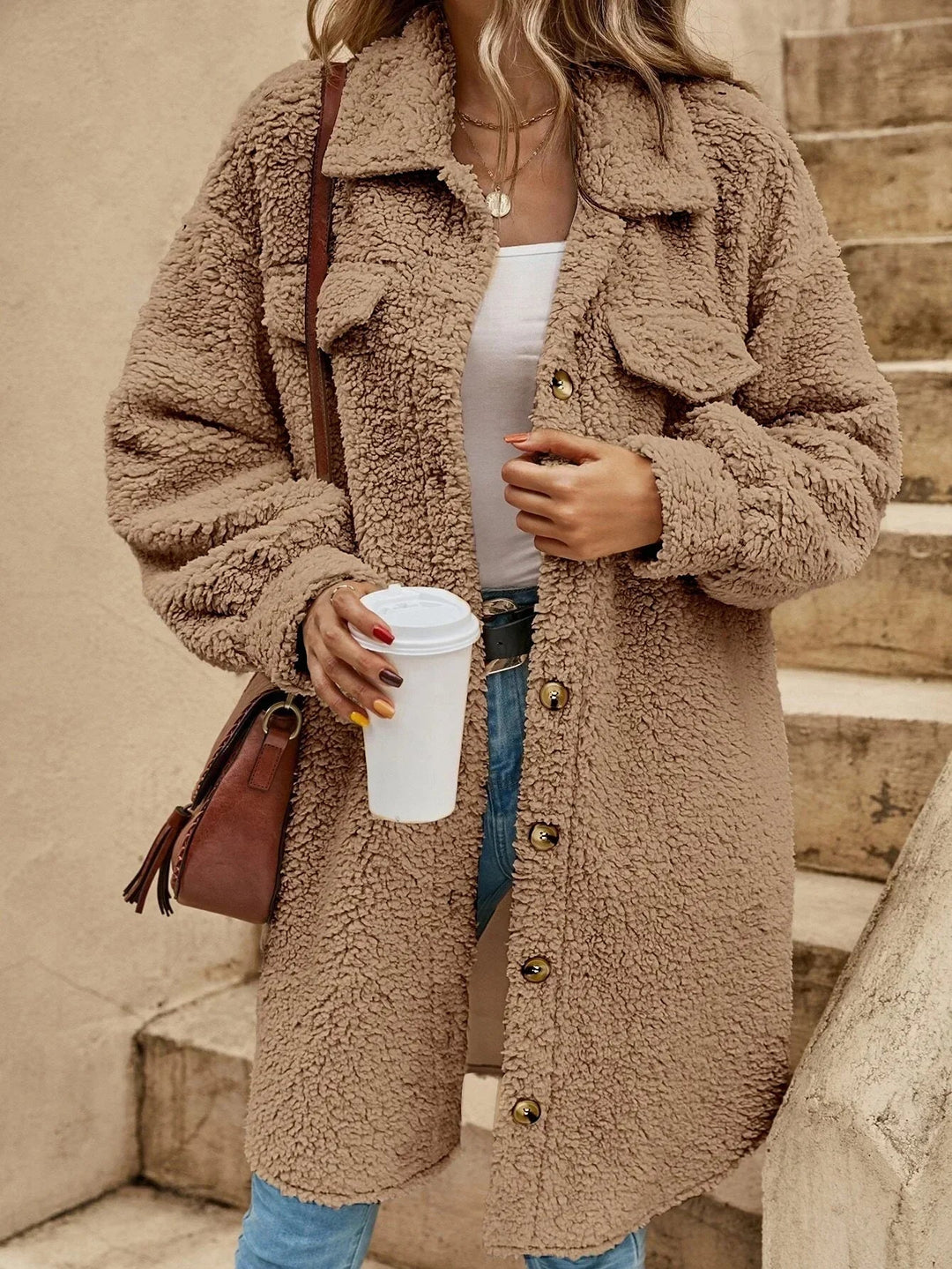 Mune | Women's Long Teddy Cardigan with Button Closure and Long Sleeves