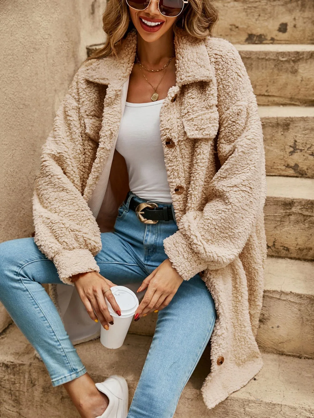 Mune | Women's Long Teddy Cardigan with Button Closure and Long Sleeves