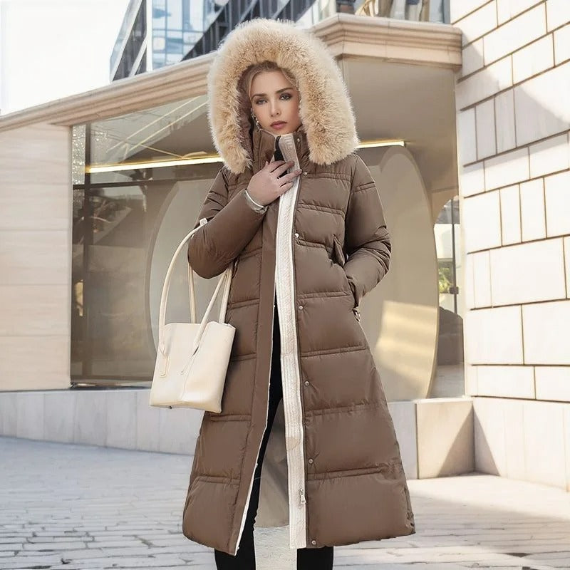 Mune | Long Winter Jacket Puffer Design Faux Fur Hood Tailored Belt Warm and Insulating