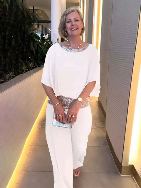 Mune | Elegant evening ensemble: Shimmering top and palazzo pants