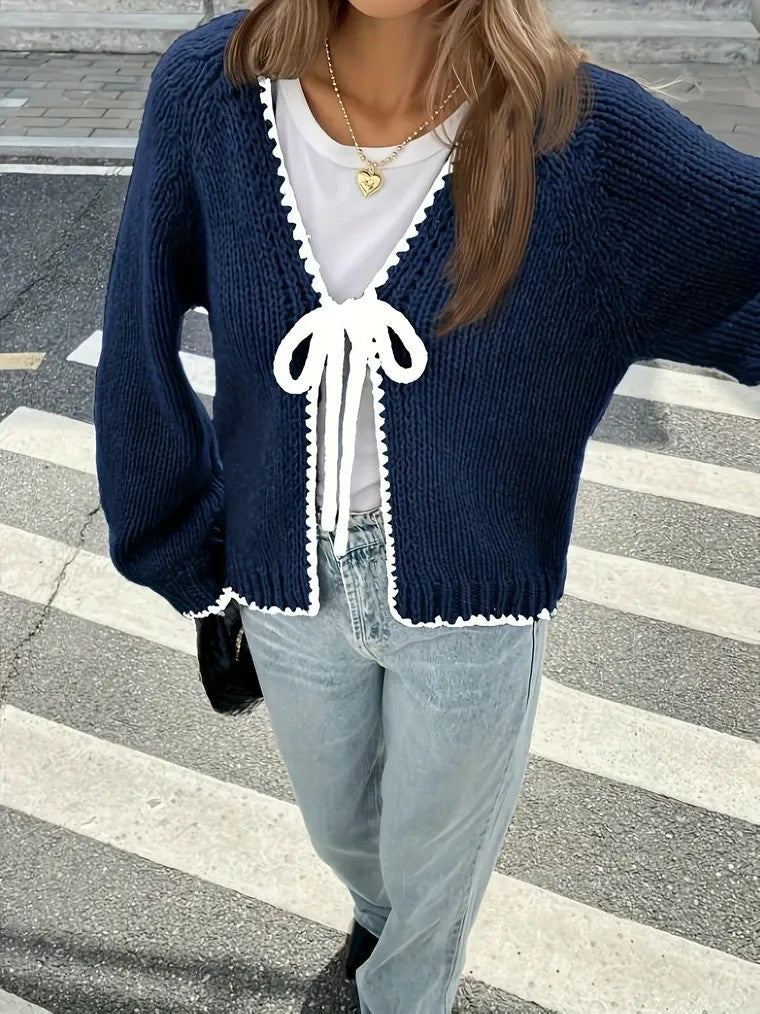 Mune | Women's Knit Cardigan with V-Neck and Bow Closure