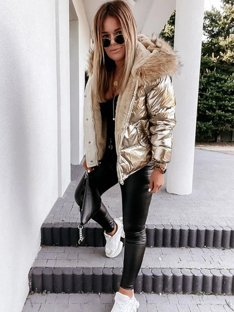 Mune | Women's Metallic Puffer Jacket with Hood and Fur Collar