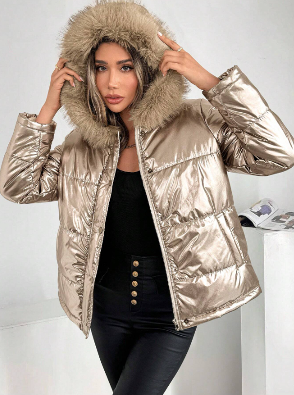 Mune | Women's Metallic Puffer Jacket with Hood and Fur Collar