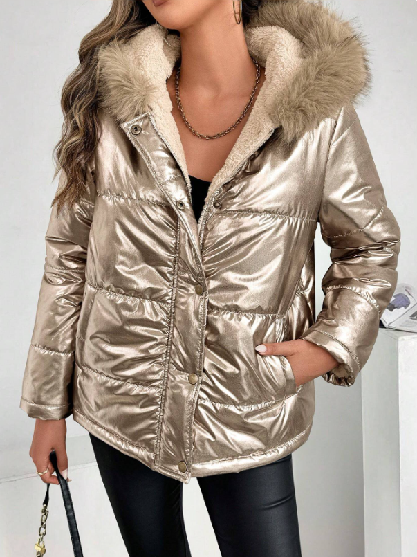 Mune | Women's Metallic Puffer Jacket with Hood and Fur Collar