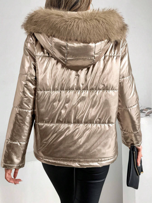 Mune | Women's Metallic Puffer Jacket with Hood and Fur Collar