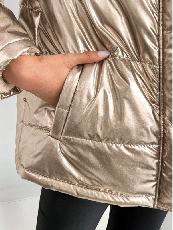 Mune | Women's Metallic Puffer Jacket with Hood and Fur Collar