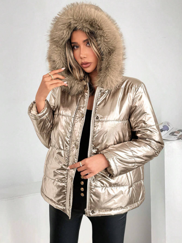 Mune | Women's Metallic Puffer Jacket with Hood and Fur Collar