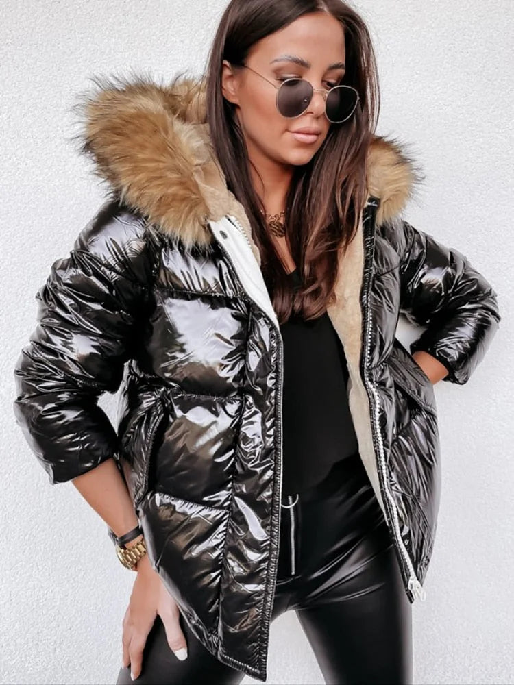 Mune | Women's Metallic Puffer Jacket with Hood and Fur Collar